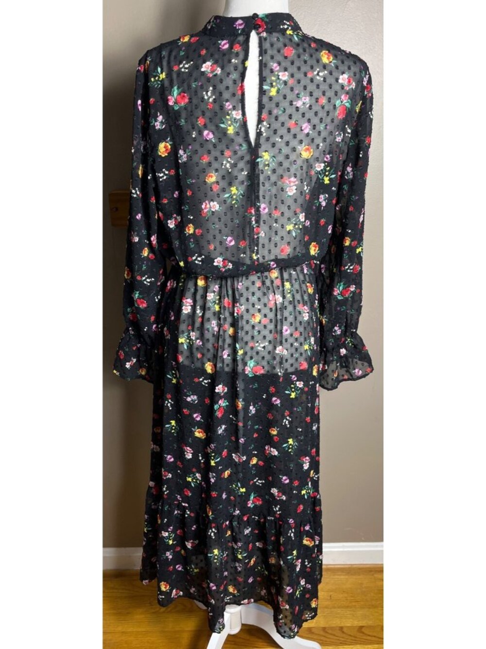 Whimsigoth Dark Fairy Sheer Dress Floral Burnout Dots Blouson Goth Maxi Wom S/M - Picture 3 of 12